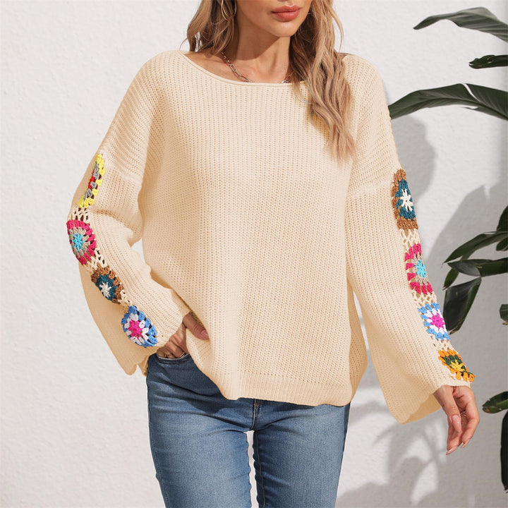 Damen eleganter Pullover mit bunten Häkelapplikationen an den Ärmeln Drune