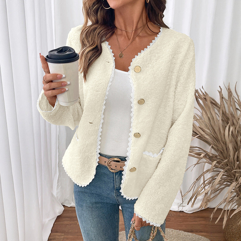 Damen weiche Teddyjacke mit Spitzenverzierung Drune