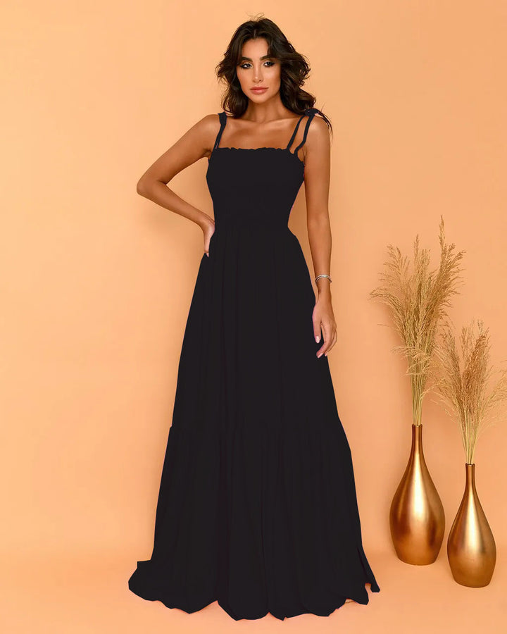 Damen luftiges Maxikleid mit Spaghetti-Trägern und Rüschendetails Drune