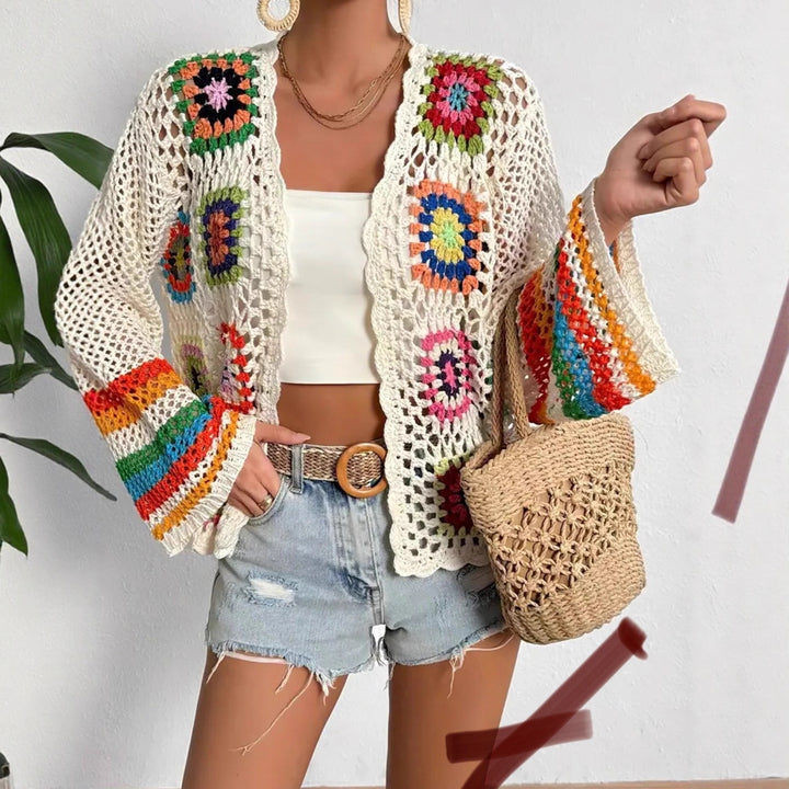 Damen luftige Strickjacke mit buntem Häkelmuster Drune