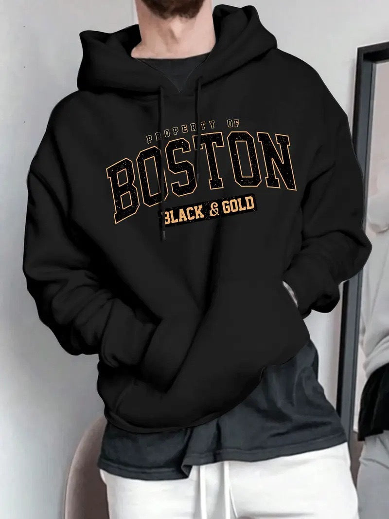 Herren Kapuzensweater mit auffälligem Boston-Print und weicher Innenseite Drune