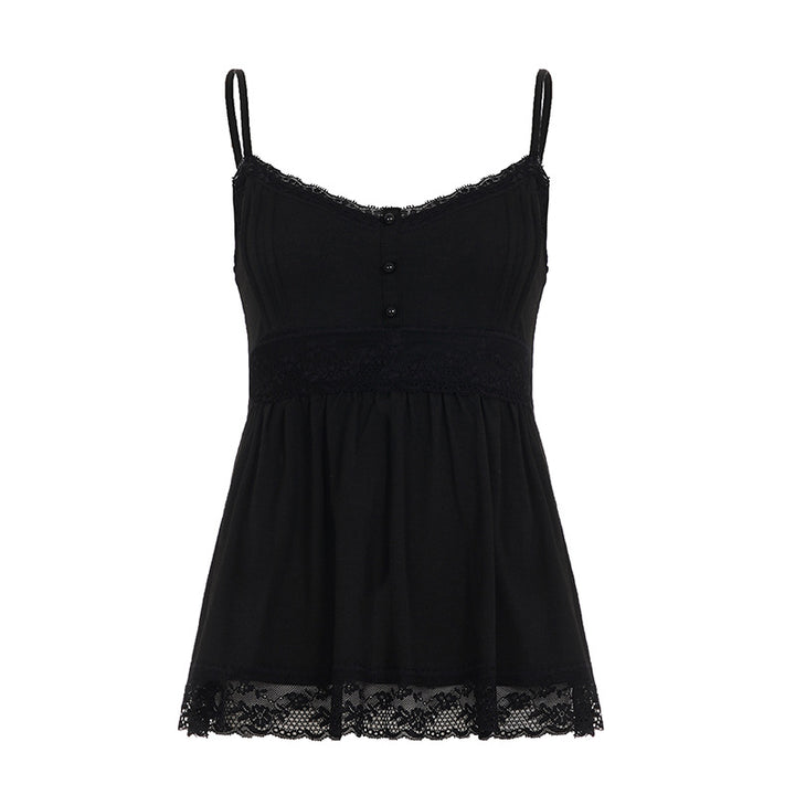 Damen Spaghetti-Trägertop mit romantischer Spitzenverzierung und knopfbarem Detail Drune