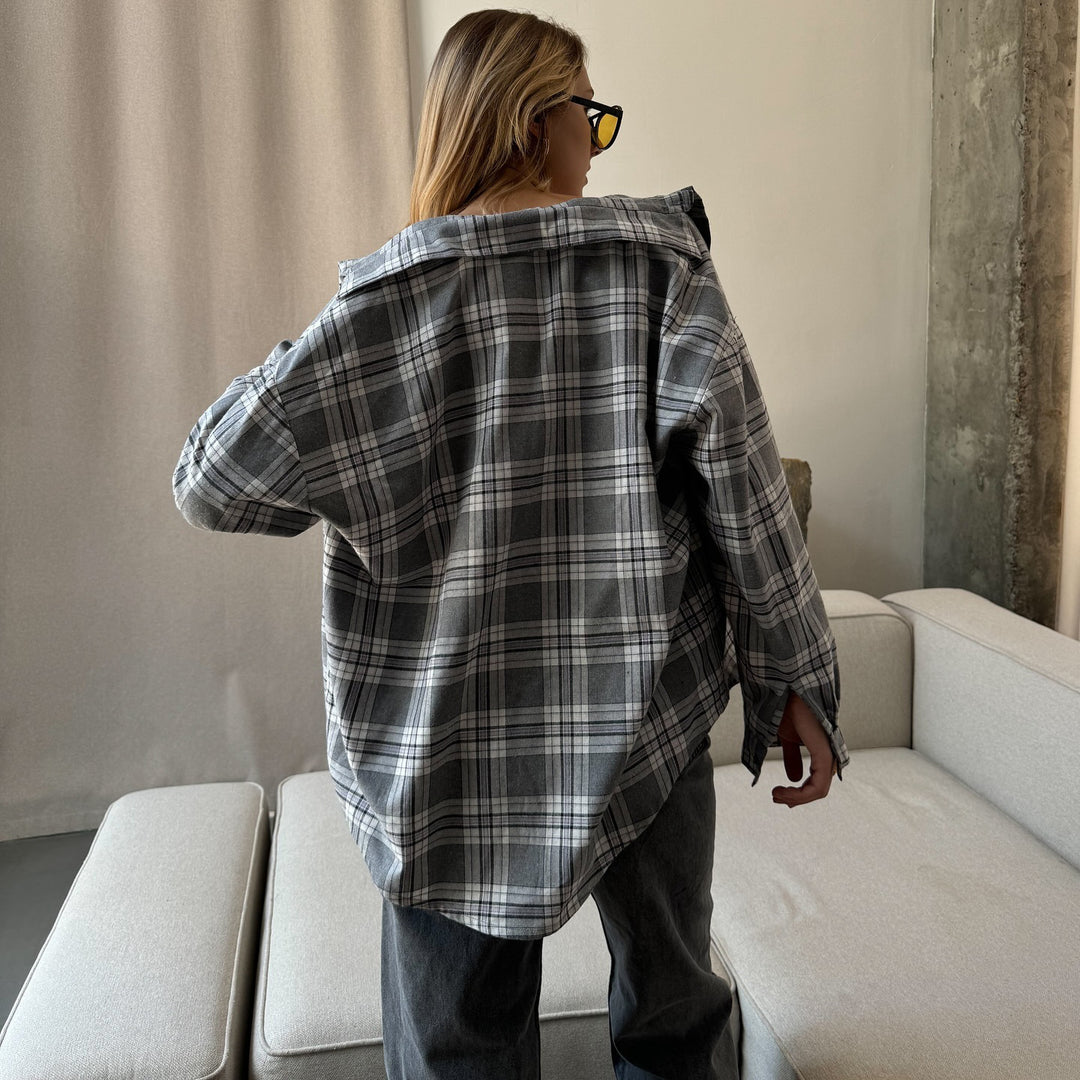 Damen lässige Karobluse mit oversized Schnitt und modernen Details Drune