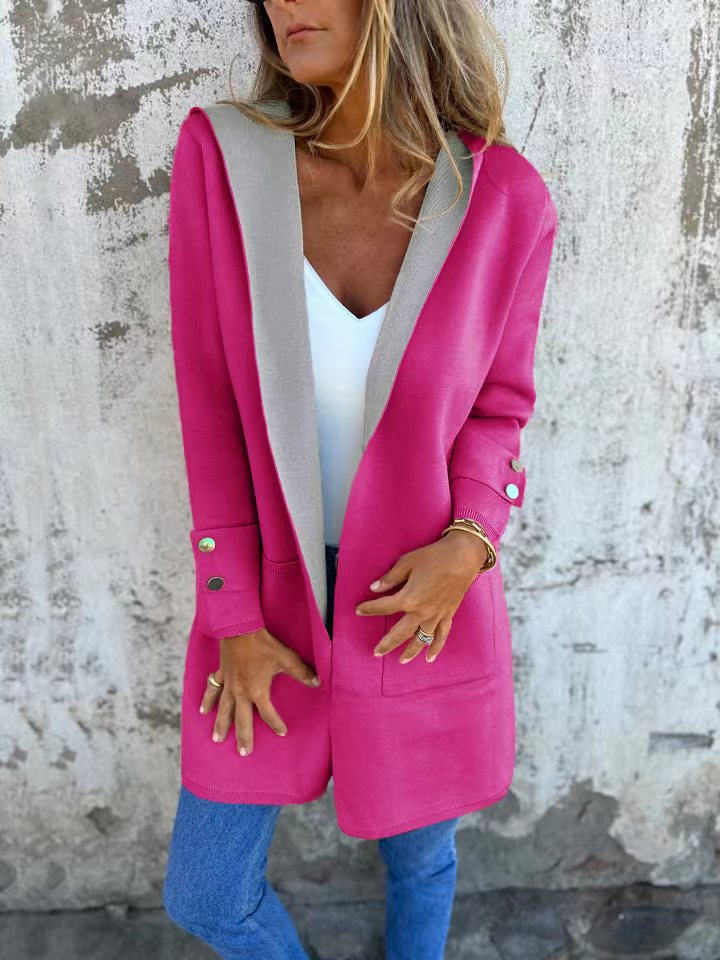 Damen modische Longjacke mit großzügiger Kapuze und praktischen Taschen Drune