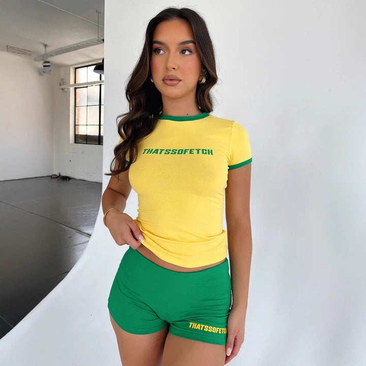 Damen Sportliches T-Shirt und Shorts-Set mit auffälligem Logo Drune