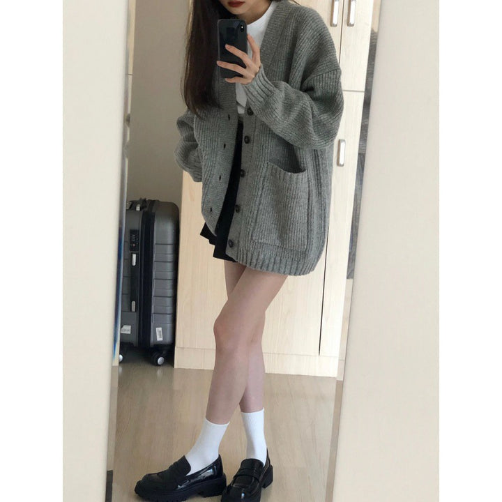 Damen Grobstrick Cardigan mit Taschen und tiefem V-Ausschnitt Drune