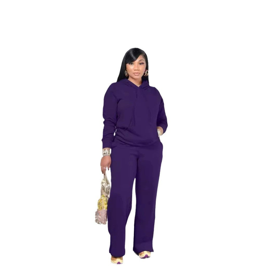 Damen nan Relax-Loungewear-Set mit weitem Highwaist-Palazzo-Jogger, Kapuzenpullover mit Kängurutasche und seitlichem Saumschlitz Drune
