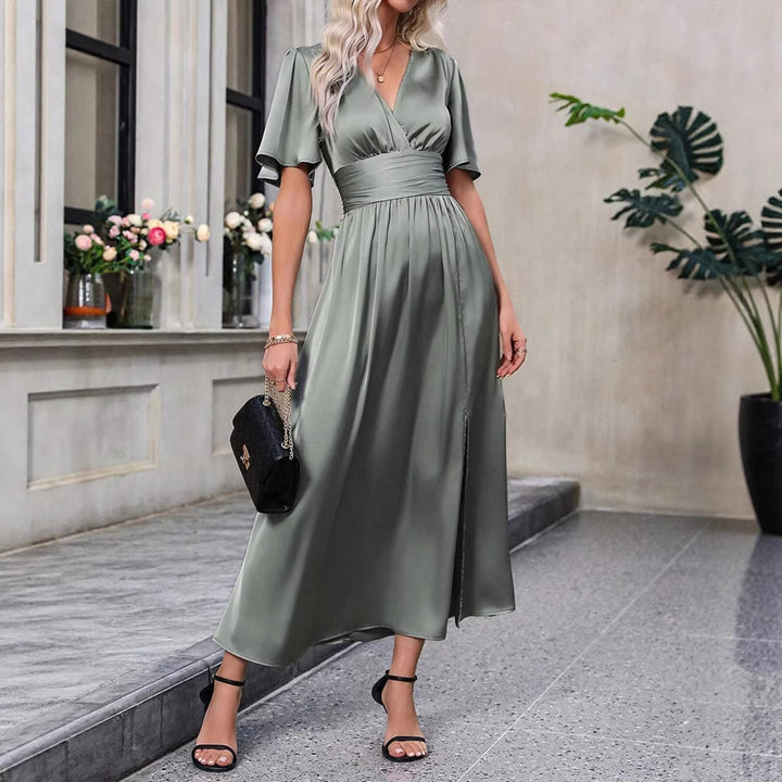 Damen Maxikleid mit elegantem V-Ausschnitt und fließenden Ärmeln Drune