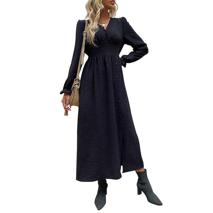 Damen elegantes Knielanges Kleid mit dekorativen Knopfdetails Drune