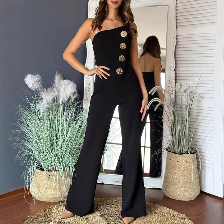 Damen Eleganter Jumpsuit mit schulterfreien Design und dekorativen Knöpfen Drune