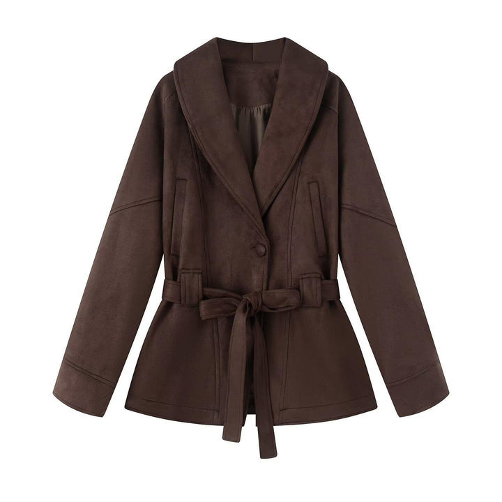 Damen elegante Jacke mit Taillengürtel und modernem Kragen Drune