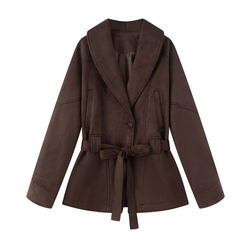 Damen elegante Jacke mit Taillengürtel und modernem Kragen Drune