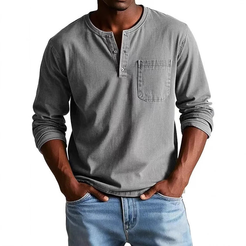 Drune | Langarm T-Shirt Slim Fit Atmungsaktives Material Knopfausschnitt Und Brusttasche