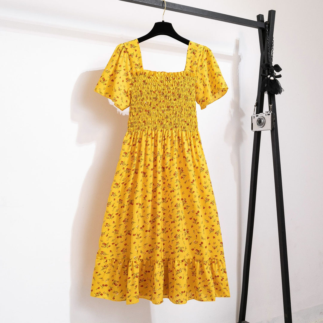Damen Blumengemustertes Midikleid mit elastischer Taille und voluminösem Rock Drune
