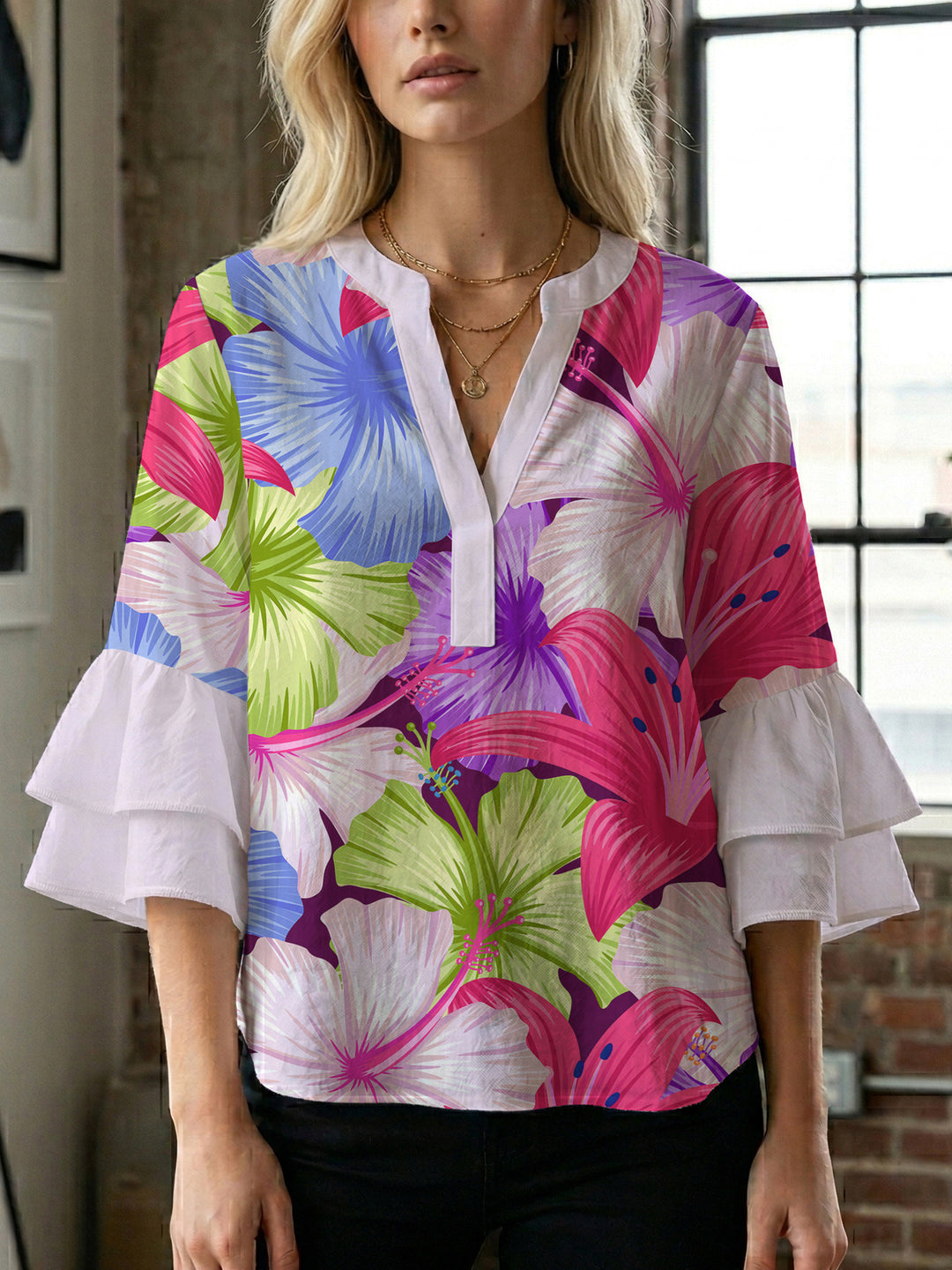 Damen Blusenshirt mit voluminösen Ärmeln und floralem Muster Drune