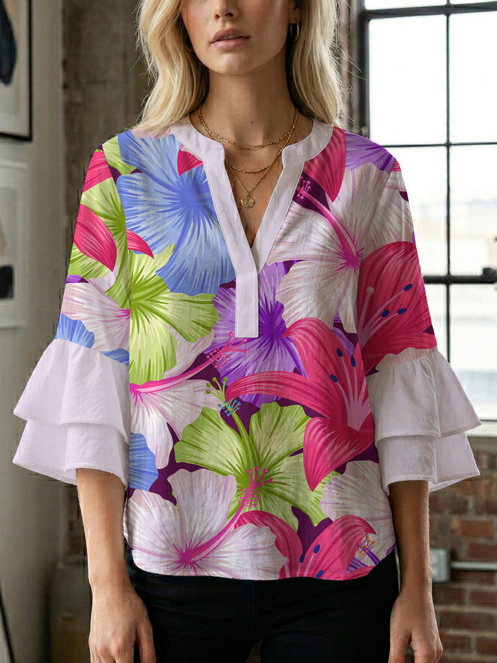 Damen Blusenshirt mit voluminösen Ärmeln und floralem Muster Drune