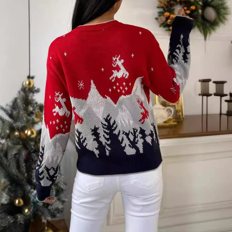 Damen festlicher Strickpullover mit winterlichem Landschaftsdesign Drune