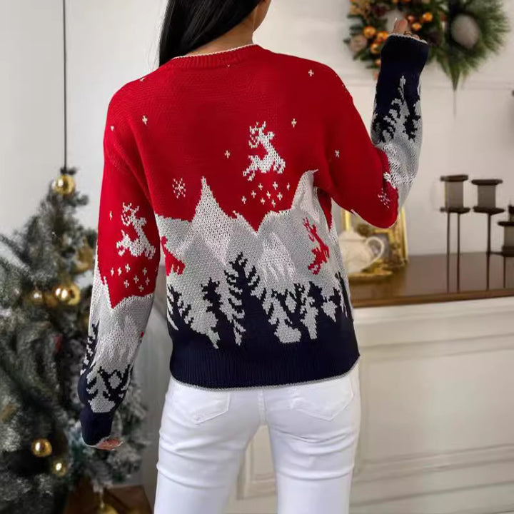 Damen festlicher Strickpullover mit winterlichem Landschaftsdesign Drune