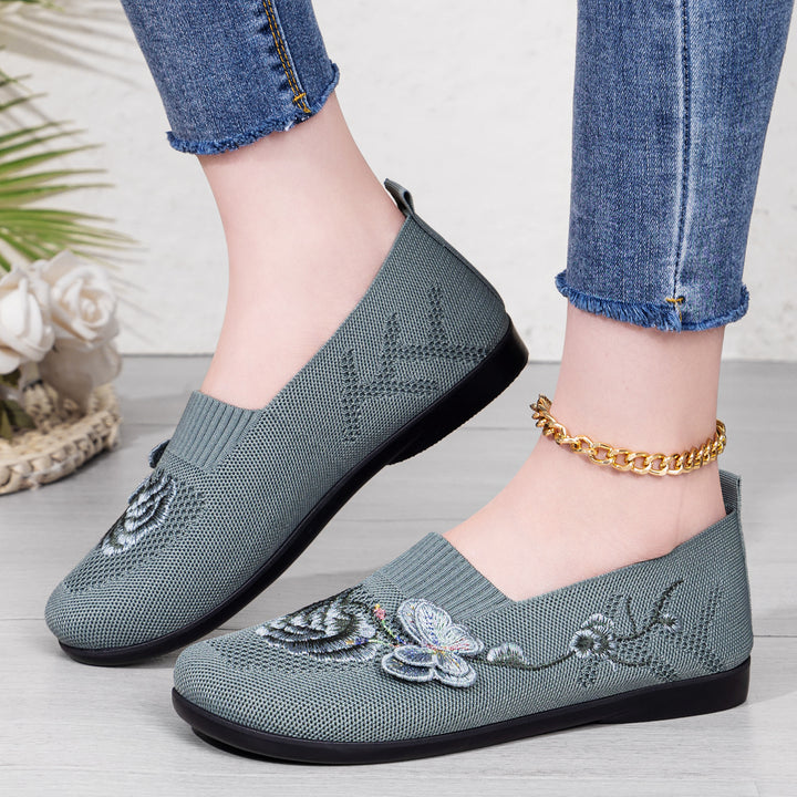 Damen nan bestickter Strick-Slipper mit sockenähnlichem Einstieg, floralem Stickmotiv und gedämpfter Leichtsohle Drune