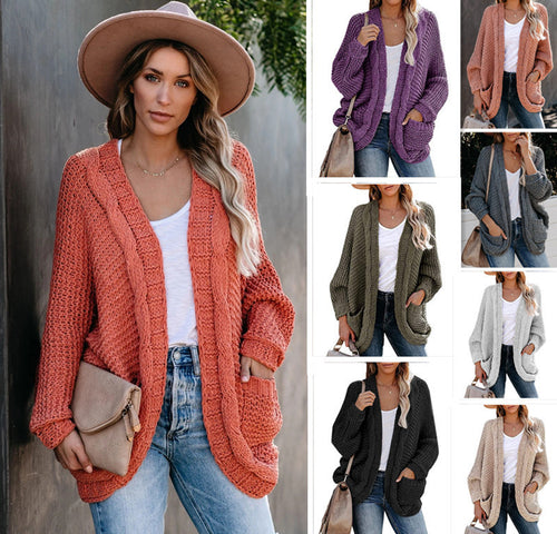 Damen Grobstrick-Cardigan mit lässigen Taschen und voluminösen Ärmeln Drune
