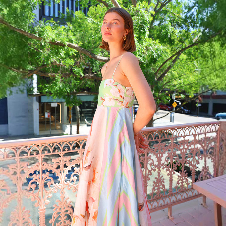 Damen Maxikleid mit mehrfarbigem floralen Design und schicker Streifenoptik Drune