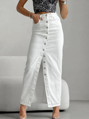 Damen Knopfleiste Maxirock mit hoher Taille und schlankem Schnitt Drune