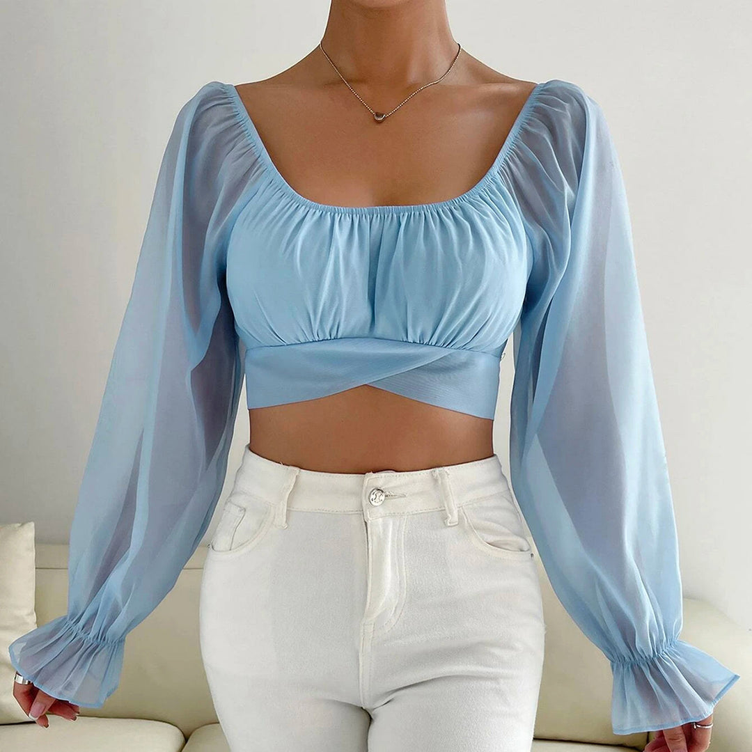 Damen Cropped Bluse mit Puffärmeln und raffiniertem Schnitt Drune