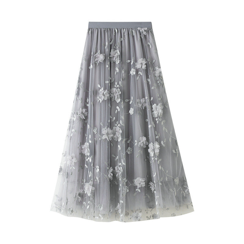 Damen Floral Bestickter Tüll Maxi Rock Drune