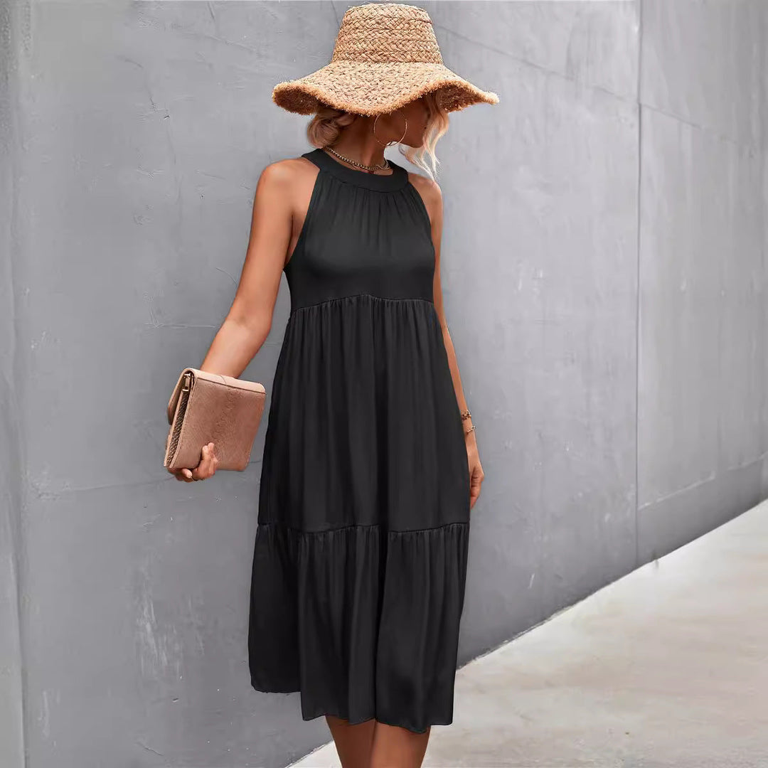 Damen luftiges Sommerkleid mit schwingendem Rock und hohem Hals Drune
