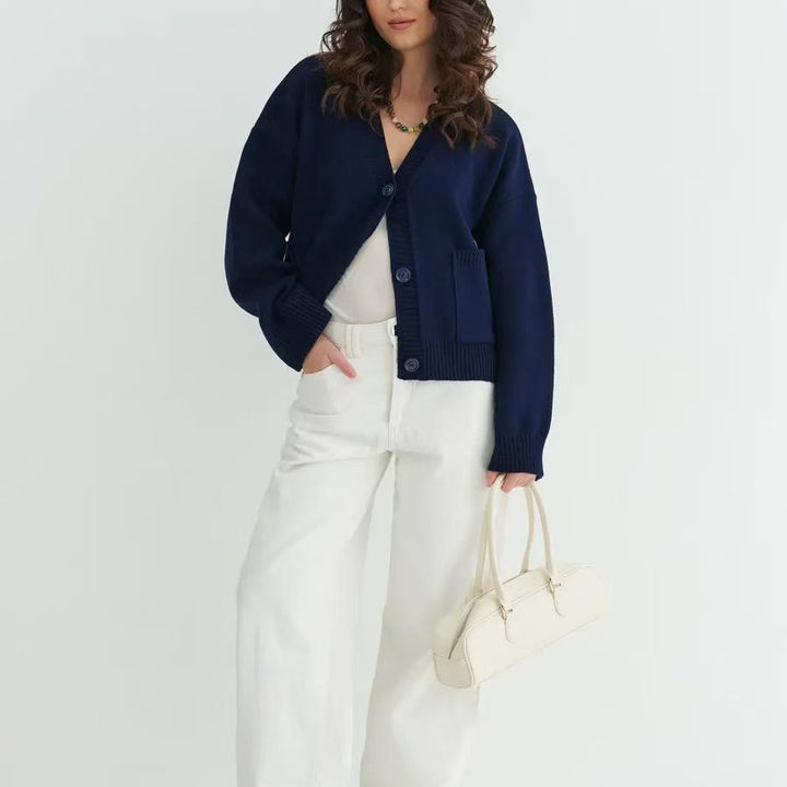 Damen Gemütlicher Strickcardigan mit tiefem V-Ausschnitt und praktischen Taschen Drune