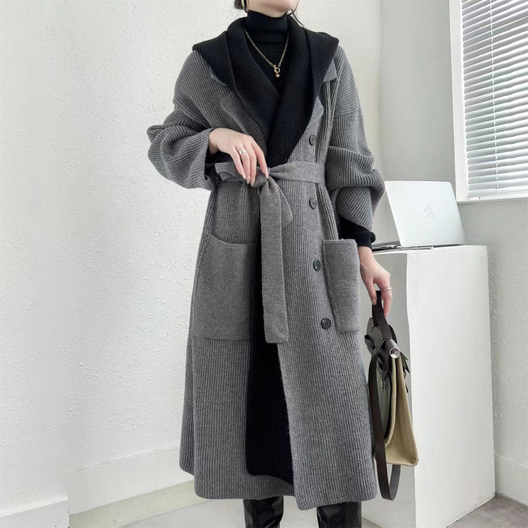 Damen Eleganter langer Mantel mit Gürtel und kontrastierenden Ärmeln Drune