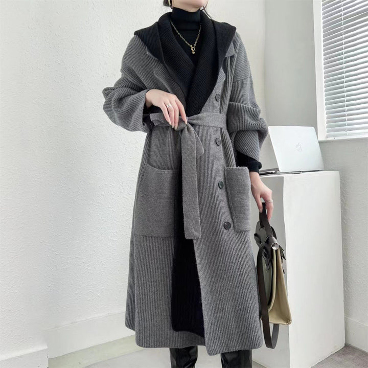 Damen Eleganter langer Mantel mit Gürtel und kontrastierenden Ärmeln Drune
