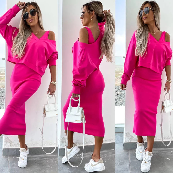 Damen elegantes und lässiges Kleidungsset mit angeschnittenem Oberteil Drune