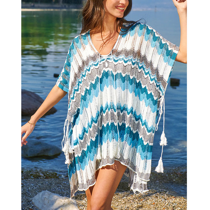 Damen lässiger Strandkimono im Wellenmuster mit offenen Ärmeln und seitlichen Schlitzen Drune