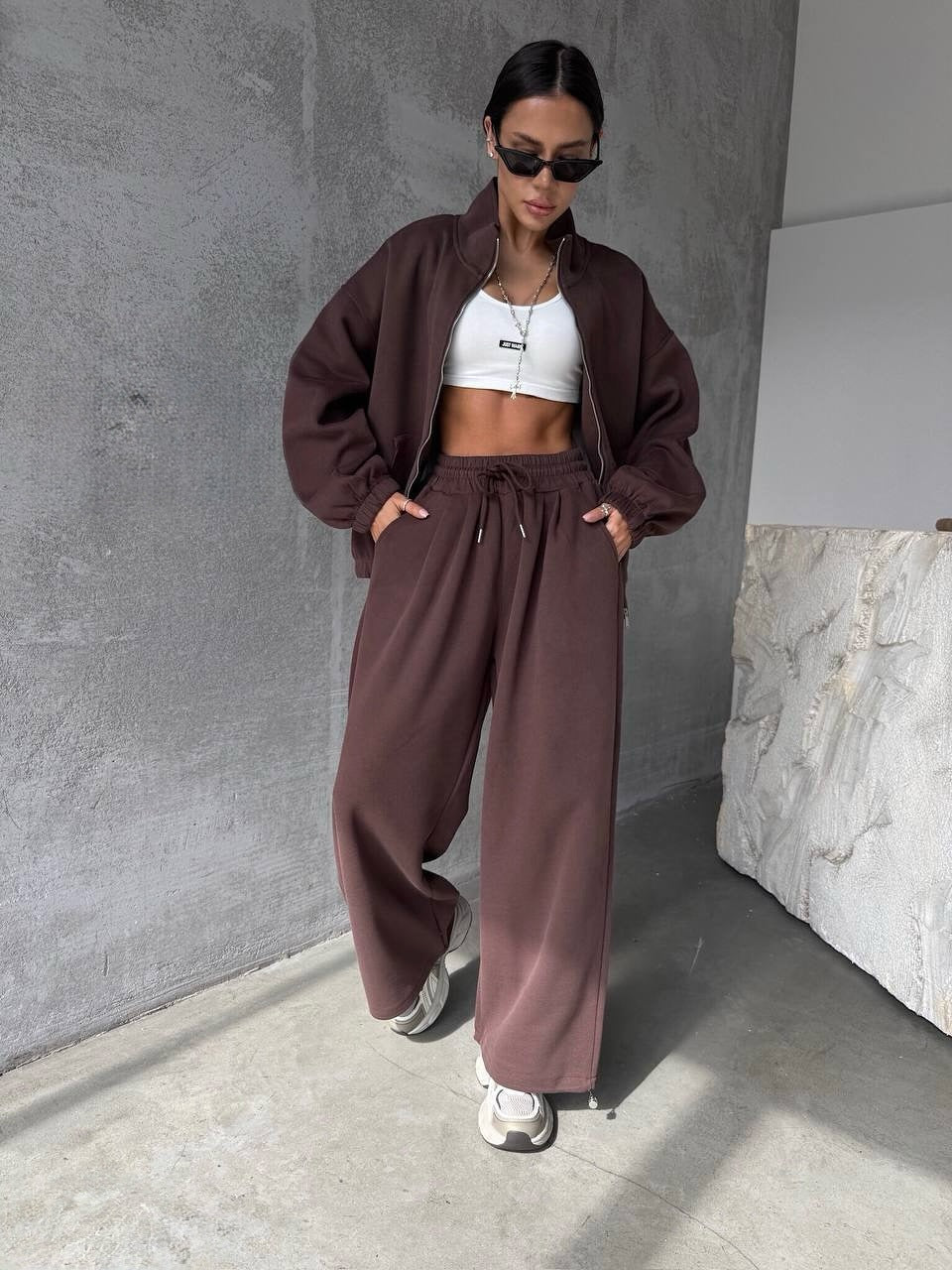 Damen Oversized lässiger Sportanzug mit Reißverschluss und elastischer Taille Drune