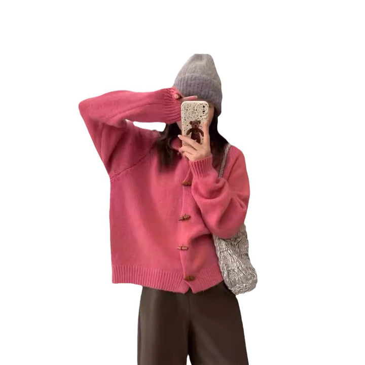 Damen lässiger Strickhoodie mit dekorativen Knöpfen Drune