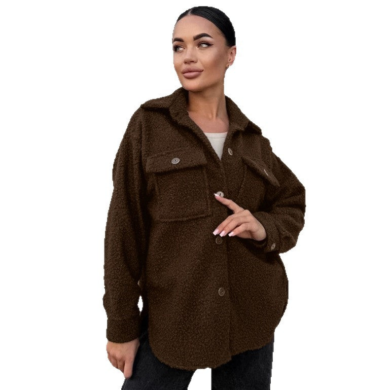 Damen Flauschige Utility-Jacke mit großen Taschen und Knopfdetails Drune