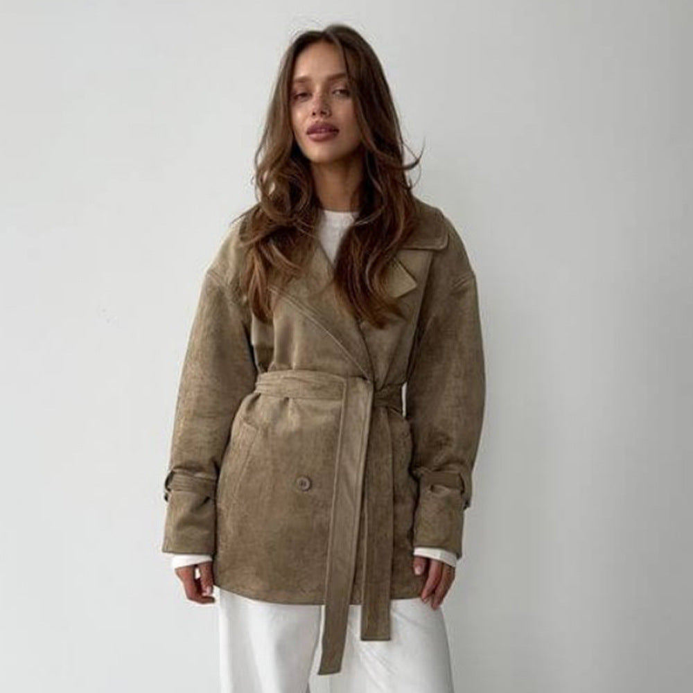 Damen Modische Suede-Jacke mit Gürtel und doppelter Knopfreihe Drune