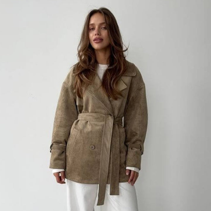 Damen Modische Suede-Jacke mit Gürtel und doppelter Knopfreihe Drune