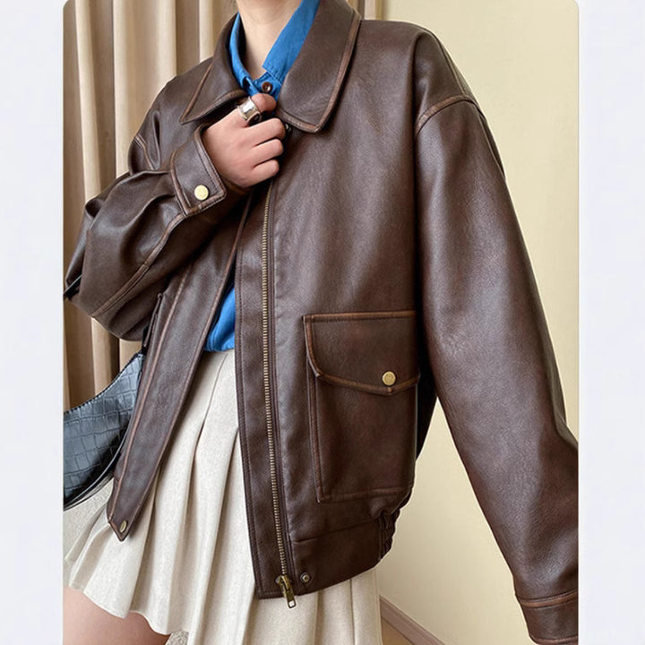 Damen Modische Kunstlederjacke mit praktischen Taschen und lässigem Schnitt Drune