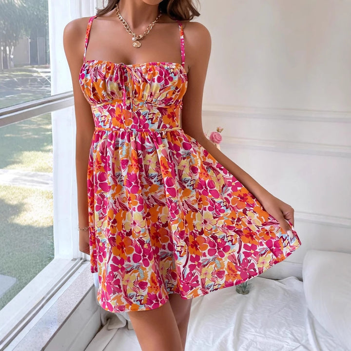Damen Sommerliches Minikleid mit floralem Design und elastischem Taillenbund Drune