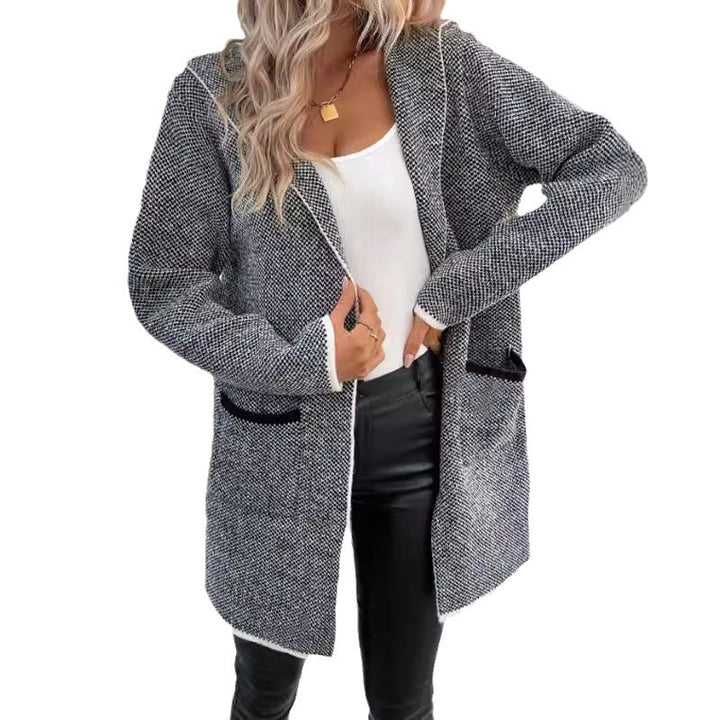 Damen Modische Strickjacke mit Kapuze und aufgesetzten Taschen Drune