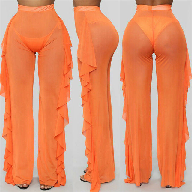 Damen Elegante und luftige Transparent-Hose mit Rüschendetails Drune