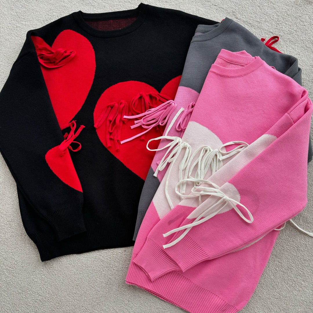 Damen modischer Pullover mit fröhlichem Herzdesign und kreativen Fransen Drune