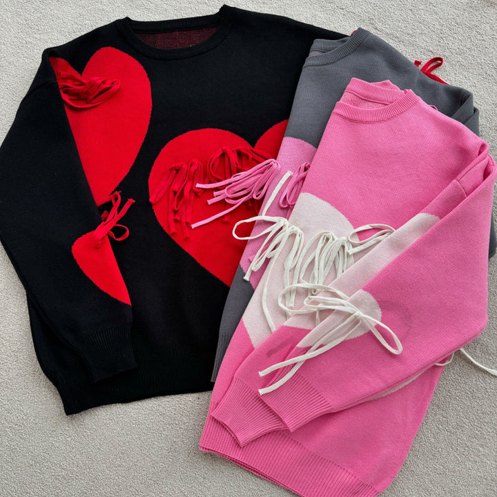 Damen modischer Pullover mit fröhlichem Herzdesign und kreativen Fransen Drune