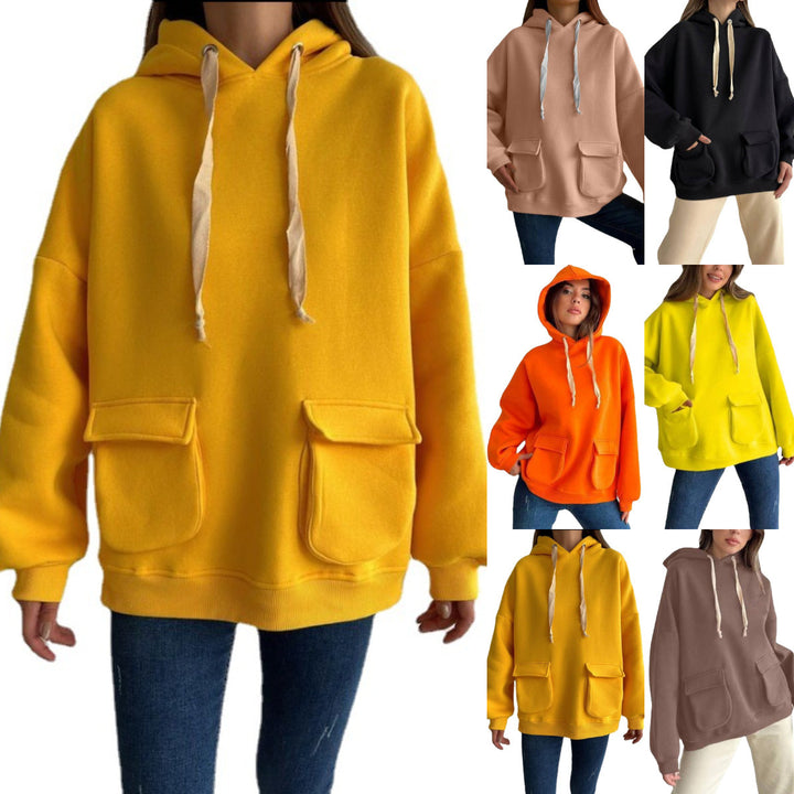 Damen nan Oversize-Kapuzenpullover mit aufgesetzten Klappentaschen und extra-langen Kordeln Drune