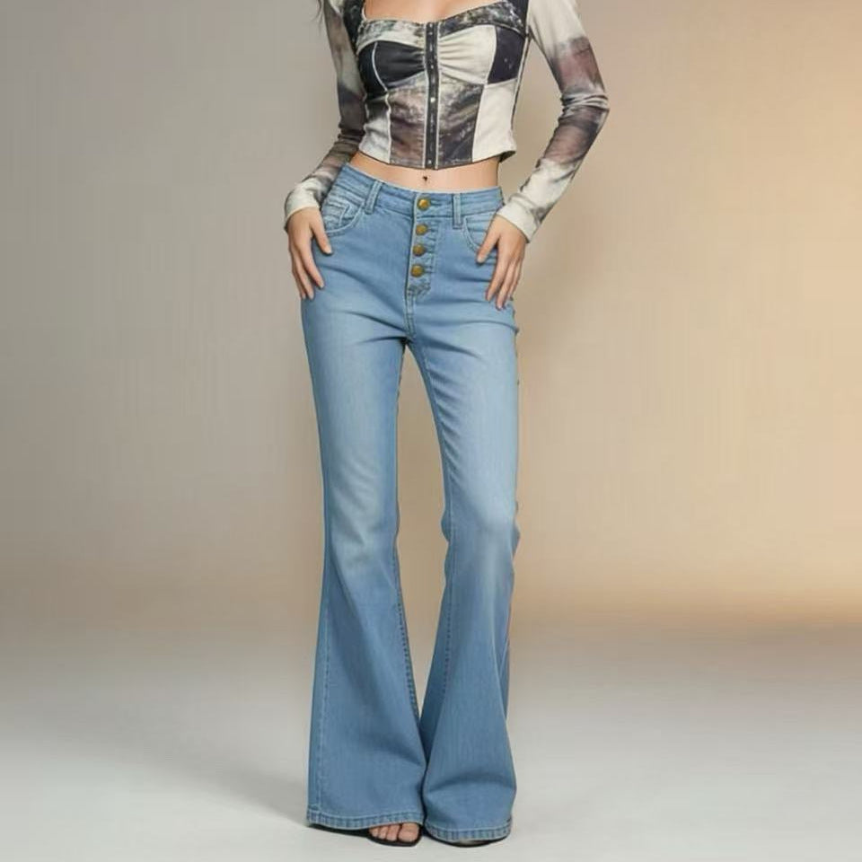 Damen Schlagjeans mit bunten Knopfdetails und hohem Bund Drune