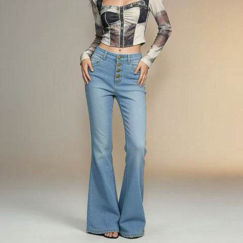 Damen Schlagjeans mit bunten Knopfdetails und hohem Bund Drune