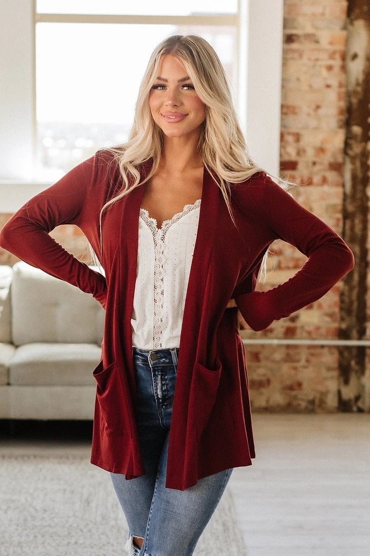 Damen langer Cardigan mit offenen Front und Taschen Drune