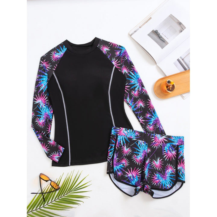 Damen Rashguard mit sportlichen Shorts und trendigem Blumenmuster Drune